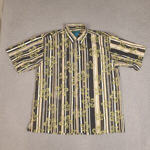 Paradise Blue Hawaiian Shirt Mens XL Floral‎ Striped Button Down Cotton Bamboo